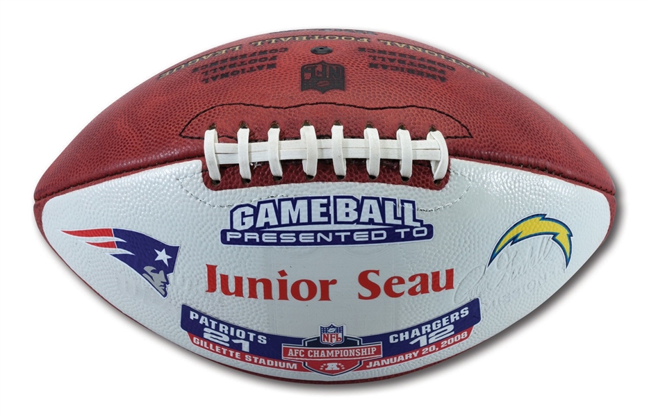 JUNIOR SEAUS 1/20/2008 AFC CHAMPIONSHIP (PATRIOTS 21 - CHARGERS 12) PAINTED GAME BALL - 1 SACK TO HELP BEAT HIS OLD TEAM