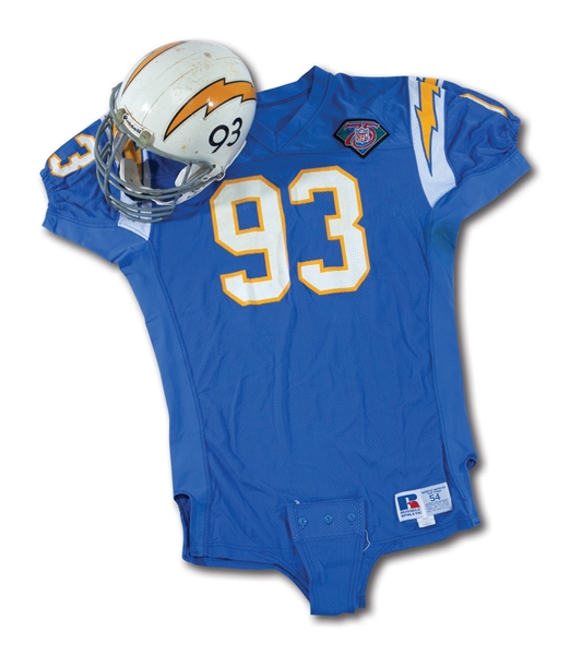 1994 REUBEN DAVIS SAN DIEGO CHARGERS (AFC CHAMPIONS) GAME WORN HOME JERSEY AND THROWBACK HELMET (PHOTO-MATCHED)