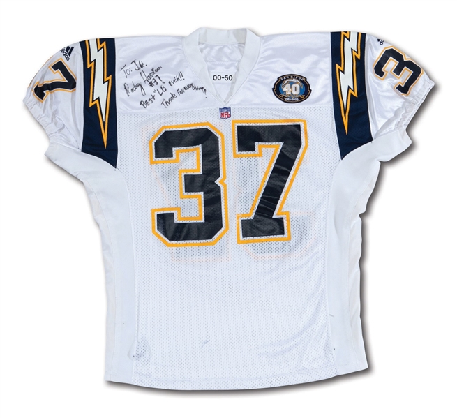 2000 RODNEY HARRISON SIGNED SAN DIEGO CHARGERS GAME WORN ROAD JERSEY INSCRIBED TO JUNIOR SEAU