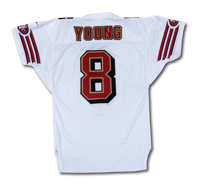 1996 STEVE YOUNG AUTOGRAPHED SAN FRANCISCO 49ERS GAME WORN ROAD JERSEY WITH GREAT WEAR