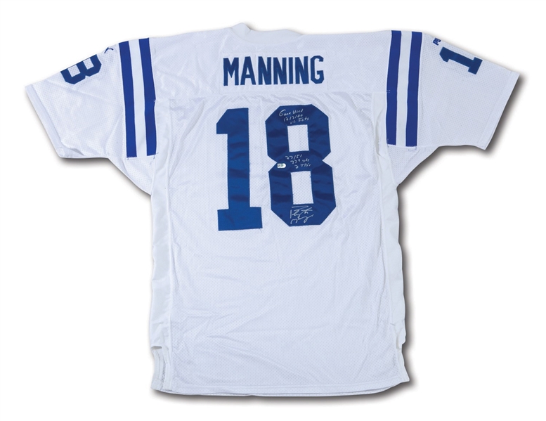 12/3/2000 PEYTON MANNING SIGNED & INSCRIBED INDIANAPOLIS COLTS GAME WORN ROAD JERSEY - 339 YDS. & 2 TDS @ JETS (MEIGRAY LOA, FANATICS, PHOTO-MATCHED)