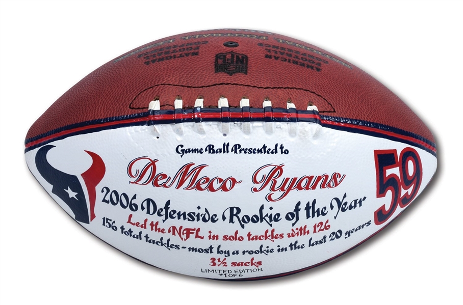 2006 DEMECO RYANS (HOUSTON TEXANS) NFL DEFENSIVE ROOKIE OF THE YEAR PAINTED GAME BALL WITH SEASON STATS NOTATED