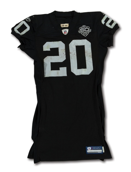 10/4/2009 DARREN MCFADDEN OAKLAND RAIDERS GAME WORN (@ HOU) THROWBACK JERSEY POUNDED WITH USE (RAIDERS COA, DELBERT MICKEL COLLECTION)
