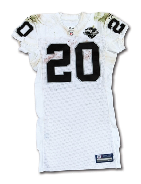12/20/2009 DARREN MCFADDEN OAKLAND RAIDERS GAME WORN (@ DEN) ROAD JERSEY POUNDED WITH USE & PHOTO-MATCHED (RAIDERS COA, DELBERT MICKEL COLLECTION)