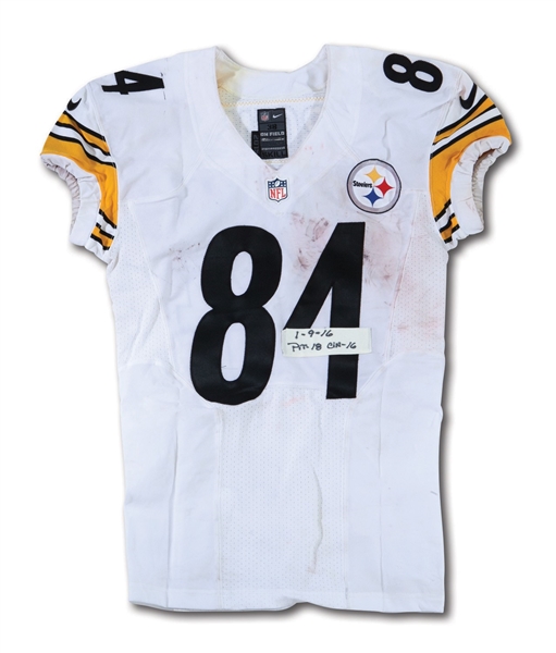 1/9/2016 ANTONIO BROWN SIGNED & INSCRIBED PITTSBURGH STEELERS PLAYOFF GAME WORN ROAD JERSEY - 7 REC. & 119 YDS. IN WIN @ CIN (BROWN LOA, PHOTO-MATCHED)