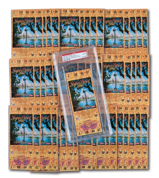 1997 SUPER BOWL XXXI (GREEN BAY 35 - NEW ENGLAND 21) GOLD VARIATION FULL TICKET LOT OF (50) INCL. PSA NM-MT 8