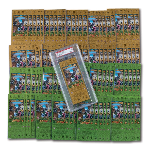 1998 SUPER BOWL XXXII (DENVER 31 - GREEN BAY 24) GOLD AND GREEN VARIATION FULL TICKET LOT OF (50) INCL. PSA NM-MT 8