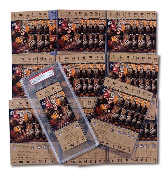 2000 SUPER BOWL XXXIV (ST. LOUIS 23 - TENNESSEE 16) GOLD VARIATION FULL TICKET LOT OF (50) INCL. PSA NM-MT 8