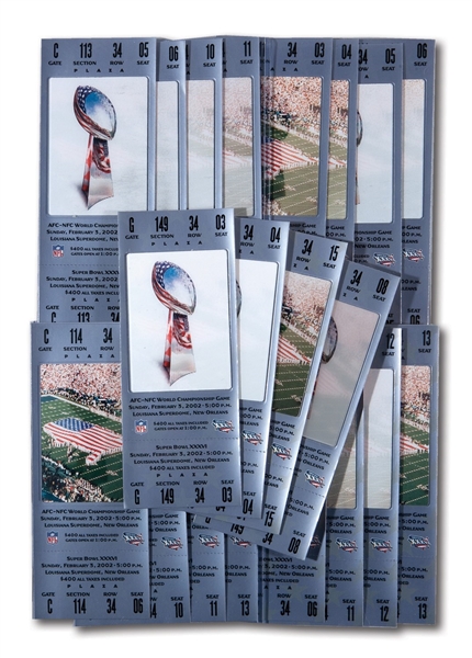 2002 SUPER BOWL XXXVI (NEW ENGLAND 20 - ST. LOUIS 17) SILVER VARIATION FULL TICKET LOT OF (20)