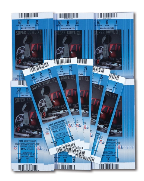2006 SUPER BOWL XL (PITTSBURGH 21 - SEATTLE 10) BLUE VARIATION FULL TICKET LOT OF (35)
