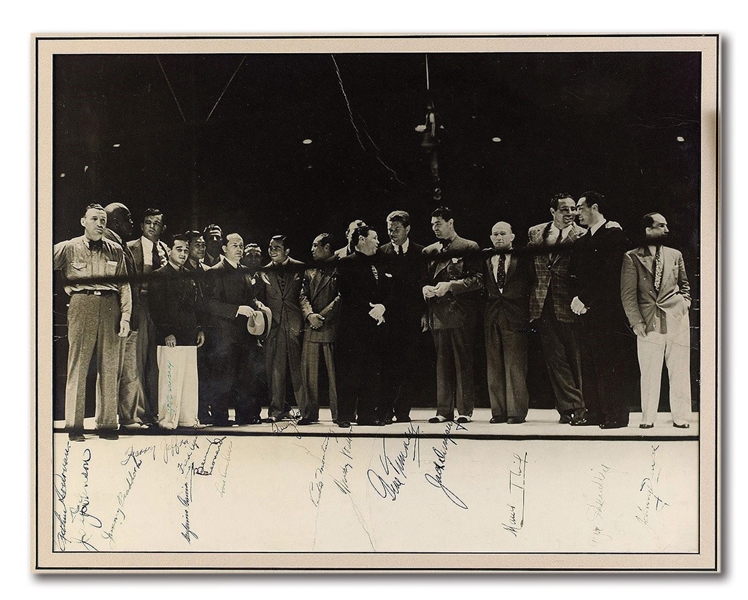 SIGNED ORIGINAL PHOTOGRAPH FEATURING SIXTEEN EARLY BOXING CHAMPIONS