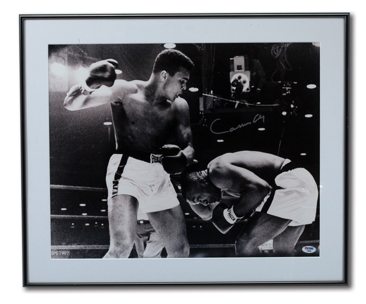 CASSIUS CLAY (MUHAMMAD ALI) BOLDLY SIGNED 16 X 20 BLACK & WHITE FRAMED PHOTO FROM 1ST LISTON FIGHT