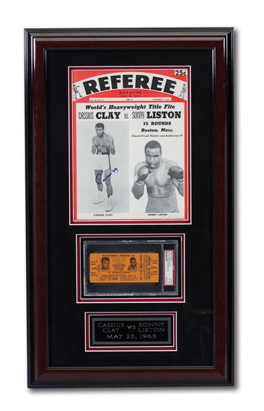CASSIUS CLAY SIGNED 11/21/1964 REFEREE MAGAZINE AND 5/25/1965 ALI-LISTON II FULL TICKET (PSA EX-MT 6) IN FRAMED DISPLAY