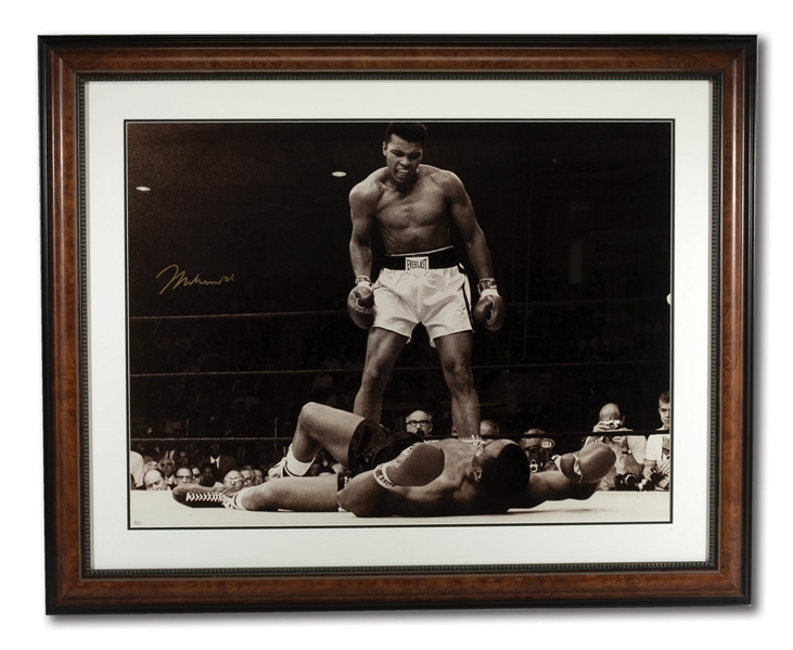 MUHAMMAD ALI SIGNED MASSIVE 30 X 40 PHOTO "STANDING OVER LISTON" AFTER PHANTOM PUNCH WITH NICE FRAME