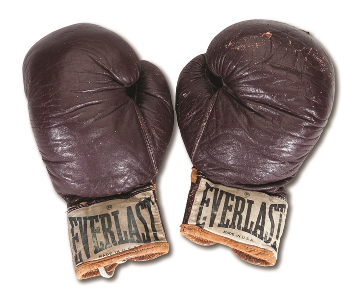 C.1970-71 MUHAMMAD ALI TRAINING WORN EVERLAST 2108 MSG GLOVES ATTRIBUTED TO TRAINING BEFORE "FIGHT OF THE CENTURY" (MSG EMPLOYEE PROVENANCE)