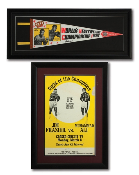 1971 MUHAMMAD ALI VS. JOE FRAZIER DUAL-SIGNED "FIGHT OF THE CENTURY" PENNANT PLUS RARE (UNSIGNED) CLOSED-CIRCUIT POSTER