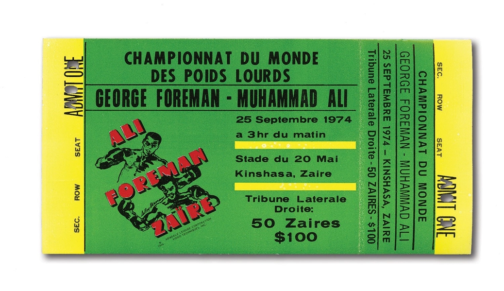 RARE 9/25/1974 MUHAMMAD ALI VS. GEORGE FOREMAN "RUMBLE IN THE JUNGLE" (KINSHASA, ZAIRE) FULL TICKET