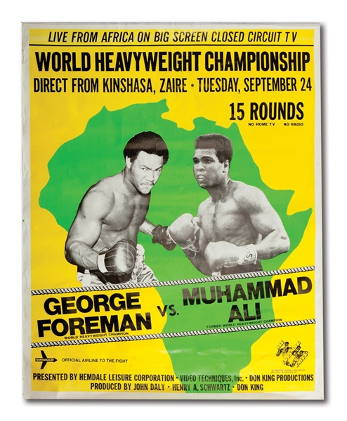 1974 MUHAMMED ALI VS. GEORGE FORMAN IN ZAIRE "RUMBLE IN THE JUNGLE" OVERSIZED 39 X 47 CLOSED CIRCUIT FIGHT POSTER
