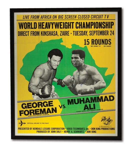 MUHAMMAD ALI AUTOGRAPHED 1974 "RUMBLE IN THE JUNGLE" VS. GEORGE FOREMAN OVERSIZED 39 X 47 CLOSED CIRCUIT FIGHT POSTER NICELY FRAMED