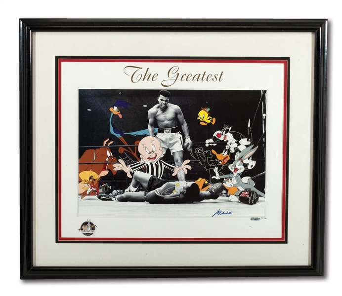 MUHAMMAD ALI SIGNED "THE GREATEST" WARNER BROS. 18 X 24 PHOTO ANIMATION LITHOGRAPH (AP 34/75)