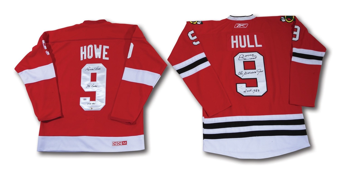 GORDIE HOWE AND BOBBY HULL AUTOGRAPHED REPLICA JERSEYS WITH SPECIAL NOTATIONS