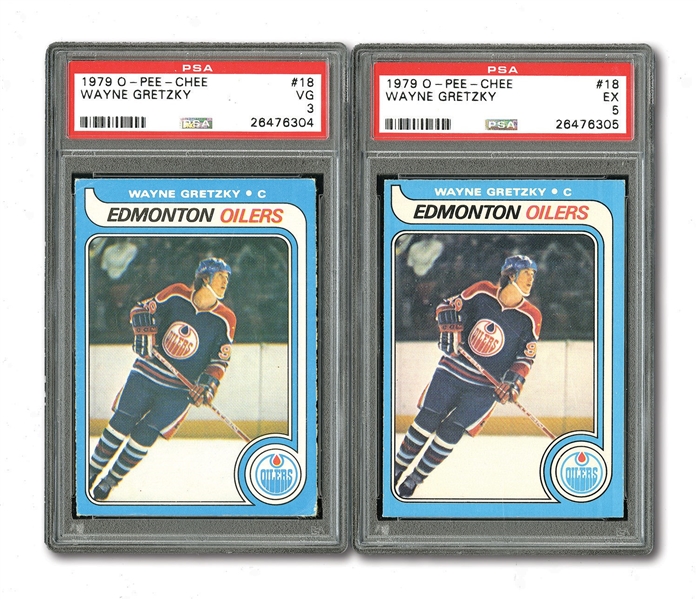 PAIR OF 1979 O-PEE-CHEE #18 WAYNE GRETZKY ROOKIE CARDS - PSA EX 5 AND PSA VG 3