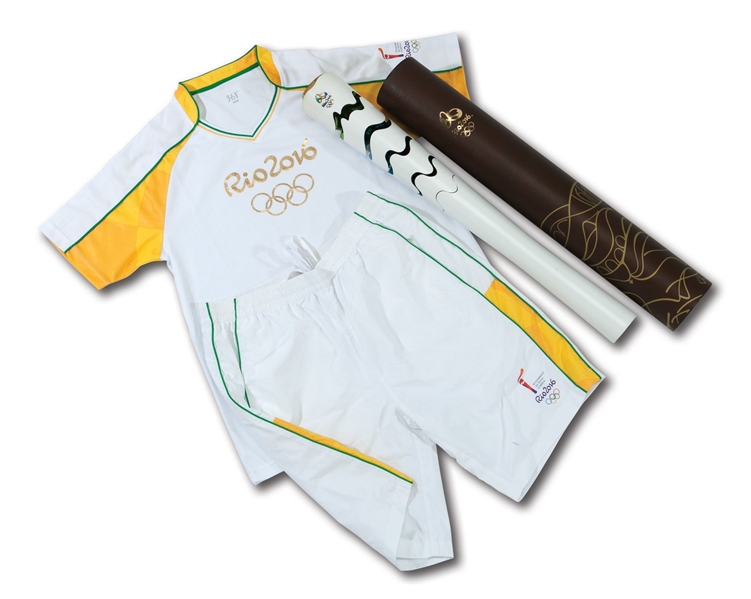 2016 RIO SUMMER OLYMPIC GAMES TORCH (UNUSED) WITH CUSTOM STAND AND RELAY UNIFORM