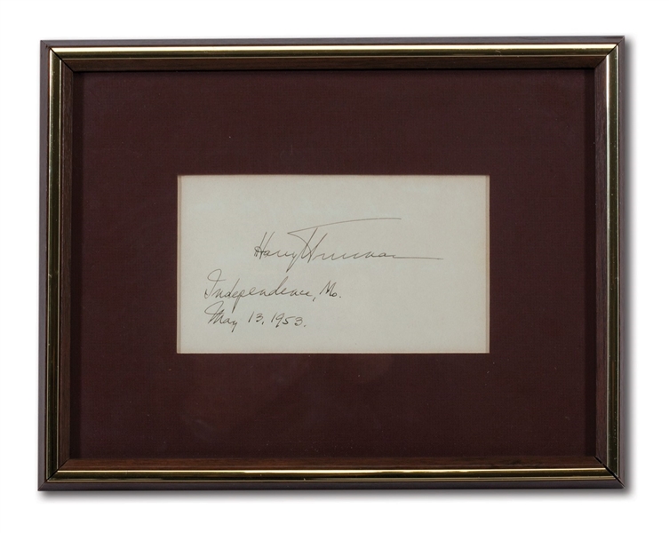 1958 HARRY TRUMAN SIGNED & INSCRIBED ALBUM PAGE IN FRAMED DISPLAY