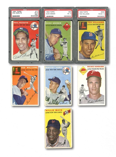 LOT OF (7) 1954 TOPPS BASEBALL HOFERS INCL. #1 AND #250 TED WILLIAMS