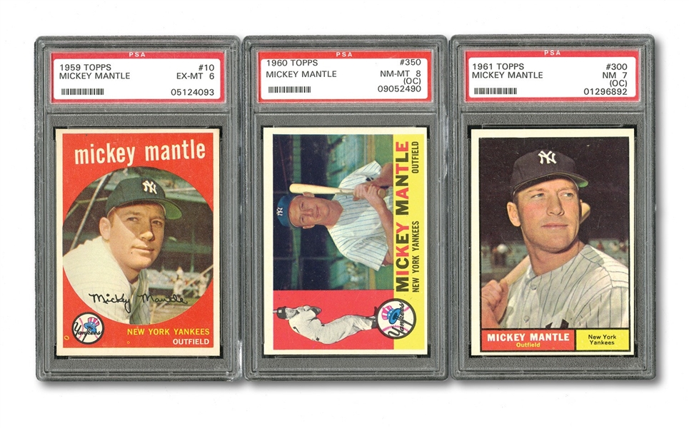 1959 TOPPS #10 MICKEY MANTLE PSA EX-MT 6, 1960 TOPPS #350 MICKEY MANTLE PSA NM-MT 8(OC) AND 1961 TOPPS #300 MICKEY MANTLE PSA NM 7 (OC)