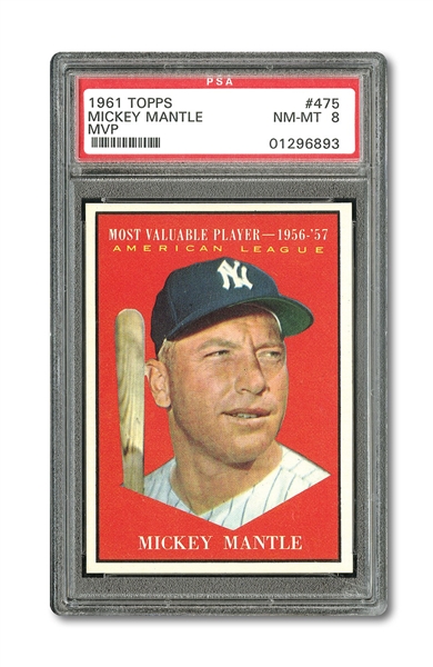 1961 TOPPS #475 MICKEY MANTLE MVP - PSA NM-MT 8