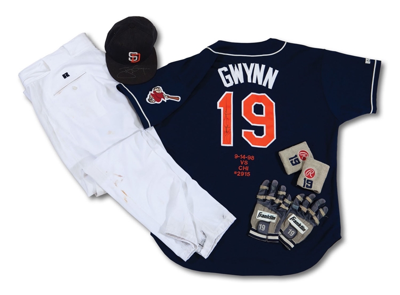 TONY GWYNNS 9/14/1998 CAREER HIT #2,915 GAME WORN & SIGNED UNIFORM ENSEMBLE INCL. JERSEY, PANTS, CAP, BATTING GLOVES & WRISTBANDS (SDHOC COLLECTION)