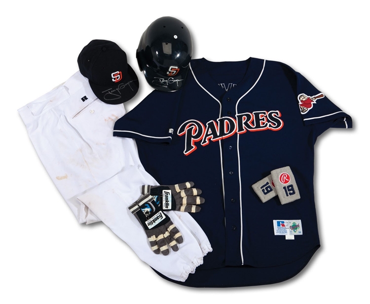 TONY GWYNNS 9/18/1998 CAREER HIT #2,919 GAME WORN & SIGNED UNIFORM ENSEMBLE INCL. JERSEY, PANTS, CAP, WRISTBANDS, BATTING GLOVES AND HELMET (SDHOC COLLECTION)