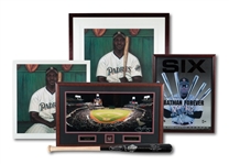TONY GWYNN LOT OF (5) AUTOGRAPHED PIECES INCL. A PAIR OF 2007 HOF INDUCTION LITHOGRAPHS (LE/110) AND 1998 WORLD SERIES COMMEMORATIVE BAT (SDHOC COLLECTION)