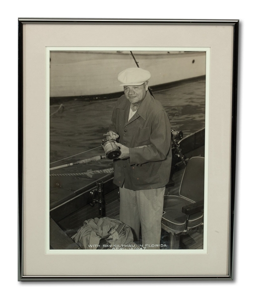 4/12/1947 BABE RUTH ORIGINAL 11" X 14" PHOTOGRAPH FISHING IN FLORIDA WITH CIGAR IN HAND (SDHOC COLLECTION)