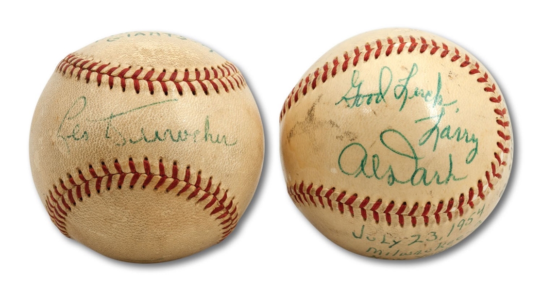 PAIR OF 1953 AND 1954 WORLD CHAMPION NEW YORK GIANTS GAME USED BASEBALLS SIGNED BY LEO DUROCHER AND AL DARK, RESPECTIVELY (SDHOC COLLECTION)