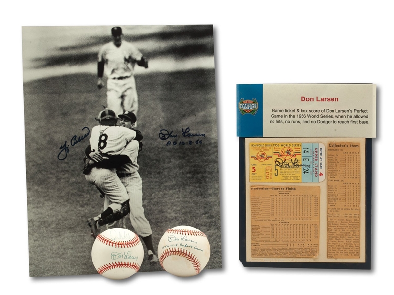 10/8/1956 DON LARSEN SIGNED WORLD SERIES PERFECT GAME TICKET STUB WITH BOX SCORE PLUS TWO LARSEN SIGNED BALLS AND LARSEN/BERRA SIGNED PHOTO (SDHOC COLLECTION)