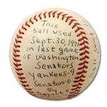 SEPTEMBER 30, 1971 BASEBALL USED IN THE LAST GAME PLAYED BY THE WASHINGTON SENATORS (SDHOC COLLECTION)
