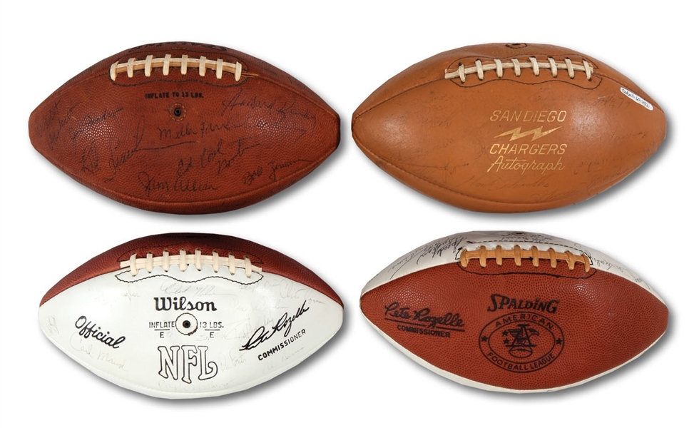 SAN DIEGO CHARGERS 1962, 1966, 1969 & 1973 LOT OF (4) TEAM SIGNED FOOTBALLS - ONE FEATURING JOHNNY UNITAS (SDHOC COLLECTION)