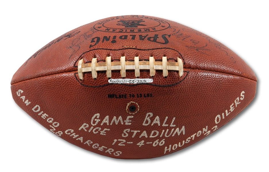 12/4/1966 SAN DIEGO CHARGERS TEAM SIGNED AND GAME USED FOOTBALL VS. HOUSTON OILERS (SDHOC COLLECTION)