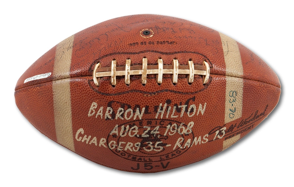 8/24/1968 SAN DIEGO CHARGERS TEAM SIGNED AND GAME USED FOOTBALL VS. L.A. RAMS - PRESENTED TO HOTEL MAGNATE AND AFL CO-FOUNDER BARRON HILTON (SDHOC COLLECTION)