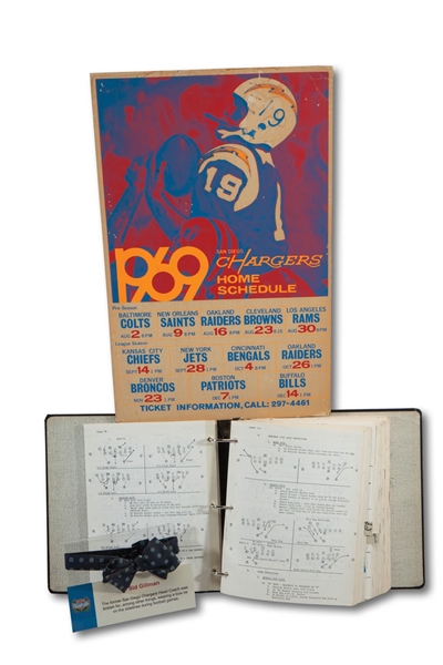 C.1960S SID GILLMAN SAN DIEGO CHARGERS GAME WORN BOW TIE AND HIS OFFICIAL PLAYBOOK WITH HANDWRITTEN NOTES PLUS 1969 HOME SCHEDULE POSTER (SDHOC COLLECTION)