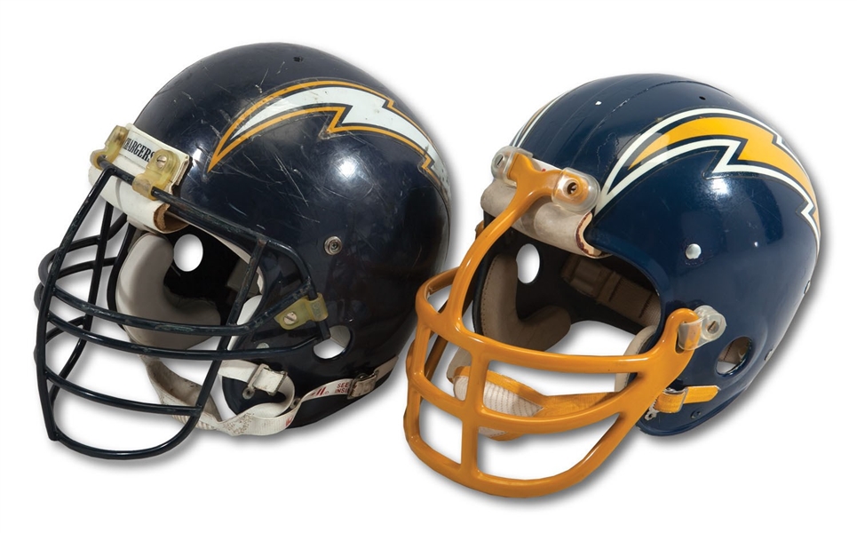 PAIR OF SAN DIEGO CHARGERS HELMETS INCL. 1970S ERA PRO MODEL AND 1988-91 GAME USED EXAMPLE (SDHOC COLLECTION)