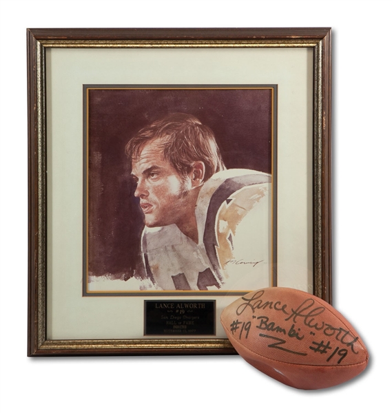 LANCE ALWORTHS 1977 SAN DIEGO CHARGERS HALL OF FAME INDUCTION PRINT AND SIGNED FOOTBALL (SDHOC COLLECTION)