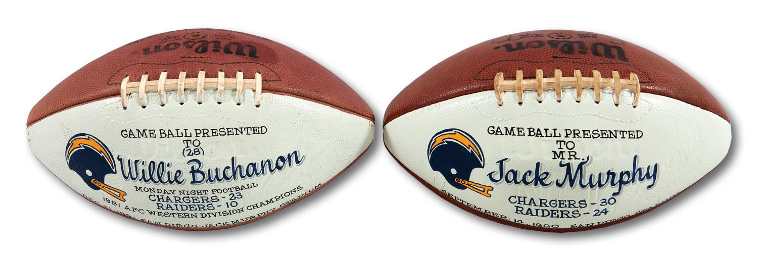 Lot Detail - 9/4/1980 SAN DIEGO CHARGERS GAME BALL (CHARGERS 30 - RAIDERS  24) PRESENTED TO JACK MURPHY AND 12/21/81 AFC WEST CHAMPIONSHIP GAME BALL ( CHARGERS 23 - RAIDERS 10) PRESENTED TO WILLIE BUCHANON (SDHOC COLLECTION)