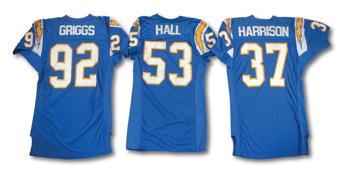 SAN DIEGO CHARGERS TRIO OF 1994 GAME READY THROWBACK JERSEYS INCL. RODNEY HARRISON, COURTNEY HALL & DAVID GRIGGS (SDHOC COLLECTION)