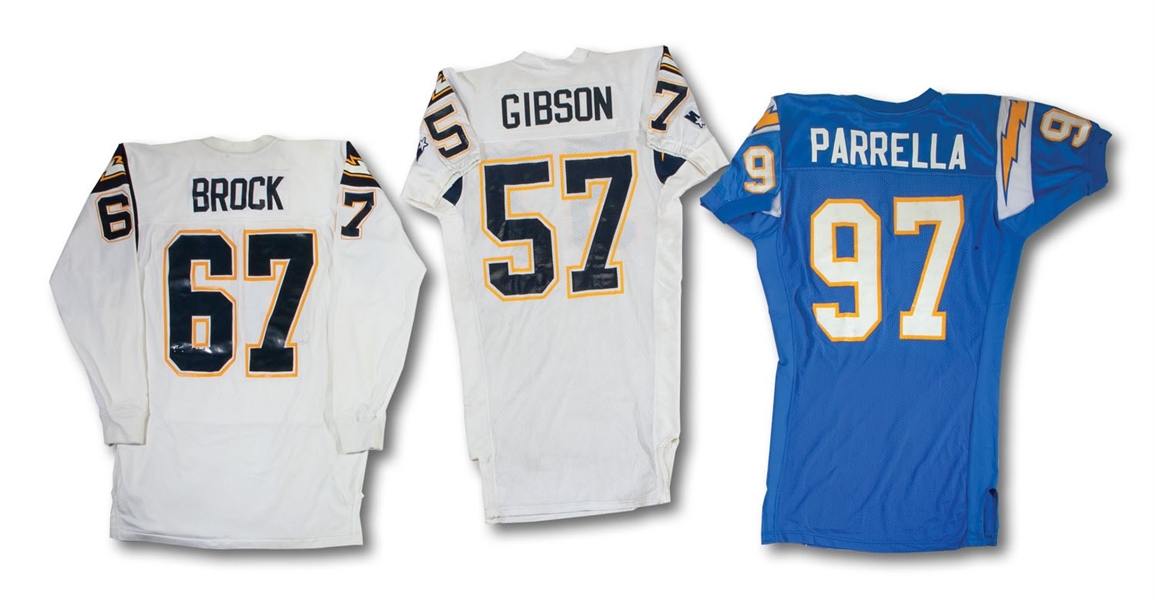SAN DIEGO CHARGERS 1994-1999 GAME READY GROUP OF JOHN PARRELLA THROWBACK UNIFORM, DENNIS GIBSON ROAD JERSEY, STAN BROCK COLD WEATHER JERSEY & ROMAN FORTIN PANTS (SDHOC COLLECTION)