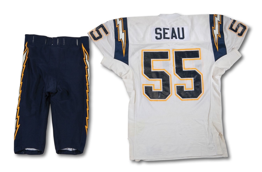 1997-99 JUNIOR SEAU SAN DIEGO CHARGERS GAME WORN JERSEY AND PANTS (SDHOC COLLECTION)