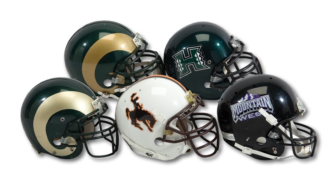 MOUNTAIN WEST LOT OF (4) GAME USED HELMETS INCL. WYOMING COWBOYS, HAWAII RAINBOW WARRIORS (#86), AND (2) COLORADO STATE RAMS (SDHOC COLLECTION)