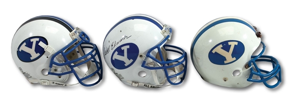 TRIO OF 1984, 1995-96 & 1996-99 BYU COUGARS GAME WORN HELMETS - ONE SIGNED BY LEGENDARY COACH LAVELL EDWARDS (SDHOC COLLECTION)